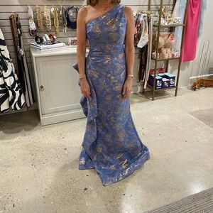Teri Jon Blue and Gold One-Shoulder Wedding Dress
